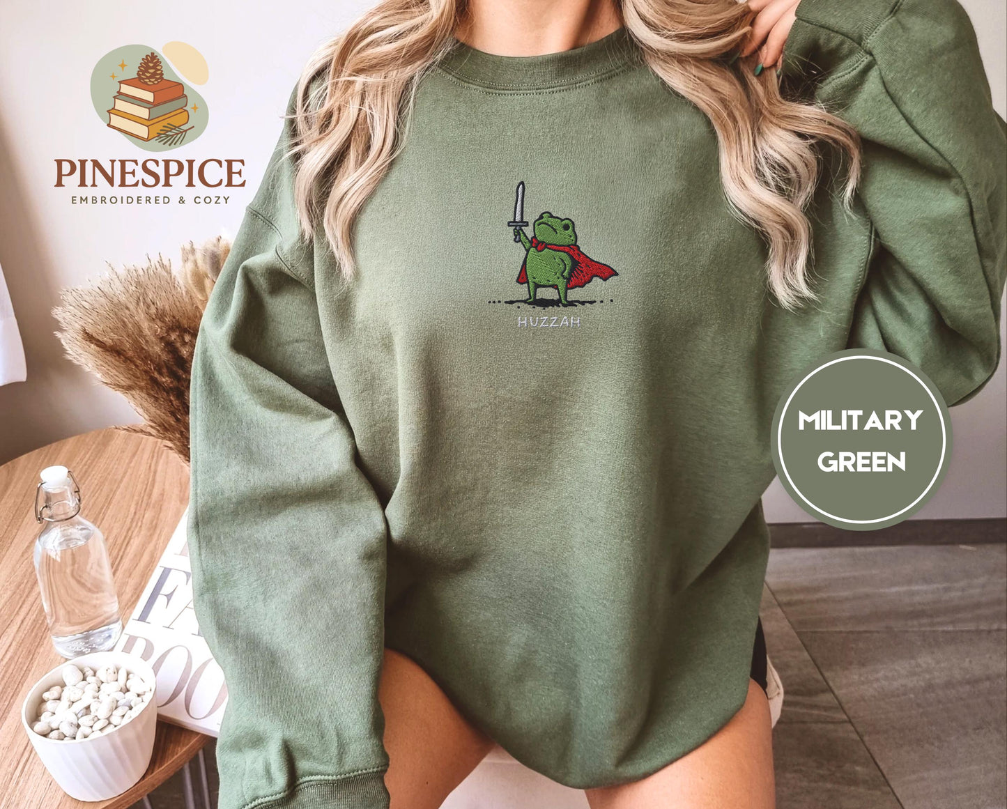 Huzzah Frog Sweatshirt, Embroidered Gildan 18000, Funny DnD Pullover, Renaissance Faire Frog Crewneck, Medieval Fantasy Gamer Gift