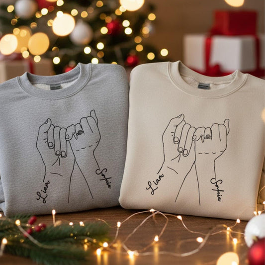 Couples embroidered sweatshirt holding hands line art design matching his and hers anniversary gift matching outfit