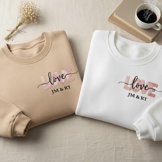 Embroidered Love Sweatshirt Matching Couples Crewneck Romantic Gift For Him And Her Valentine Outfit Minimalist Style