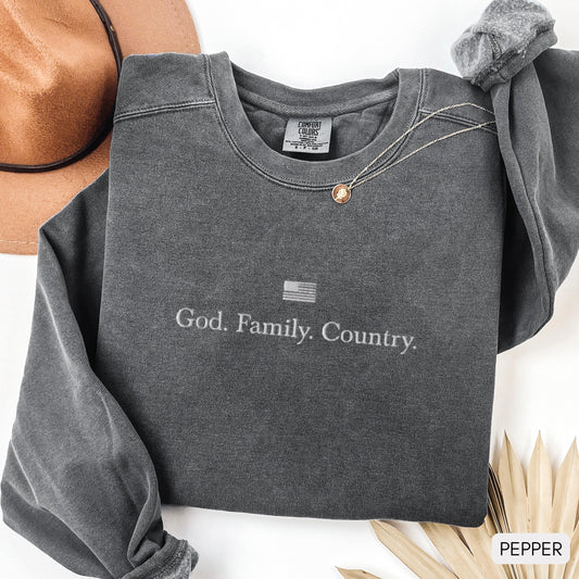 God. Family. Country. Embroidered Sweatshirt with Charlie Kirk Sleeve | vintage crewneck, american sweatshirt, christian sweatshirt