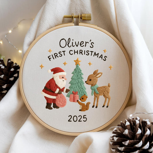 Baby's First Christmas Ornament, Personalised Baby's 1st Christmas Scene Decoration, Keepsake Christmas Bauble Gift Embroidered Ornament