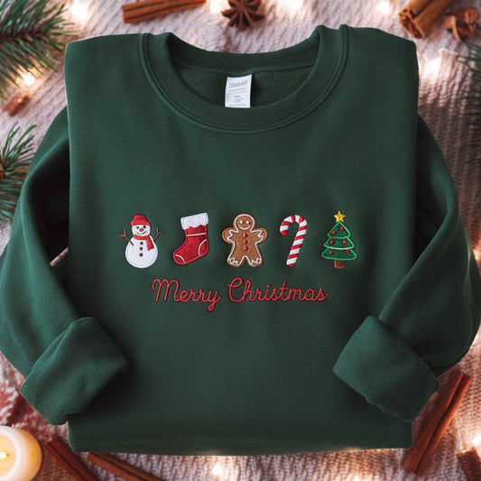 Embroidered Gingerbread Xmas Sweatshirt, Embroidered Snowman Sweatshirt, Embroidered Christmas Stock Sweatshirt, Candy Cane Shirt, Pine Tree