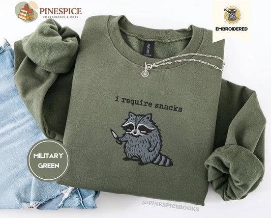 I require snacks sweatshirt, feral embroidered raccoon sweater, funny cozy gildan 18000, funny unhinged gift, embroidered animal sweatshirt