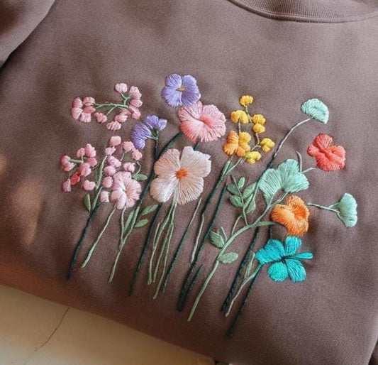 Floral Embroidered Sweatshirt Wildflower Bouquet, Cottagecore Style