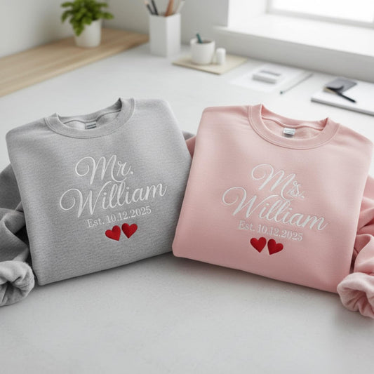 Embroidered Matching Couples Sweatshirt Personalized Hubby Wifey Initials Names His and Hers Gift Anniversary Custom Crewneck Sweatshirt