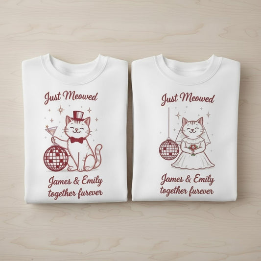 Embroidered Just Married Comfort Colors Shirt Honeymoon Shirts Newlywed Cat Couple Matching Mr and Mrs Personalized Wedding Date Gift