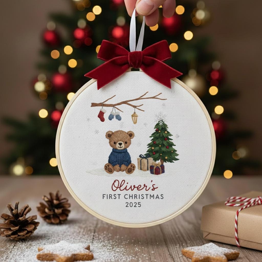 Personalized Baby’s First Christmas Embroidered Ornament, Custom Newborn Keepsake, Baby Girl Ornament, Handmade New Baby Gift 4
