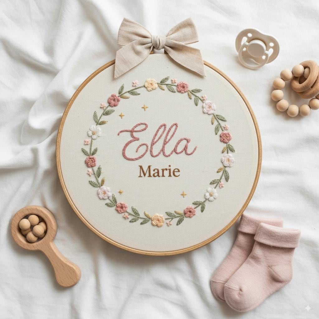 Custom Embroidered Baby Name Hoop | Floral Nursery Art & Baby Shower Gift | Embroidery Gift for Newborn Baby Shower | Newborn Nursery Decor