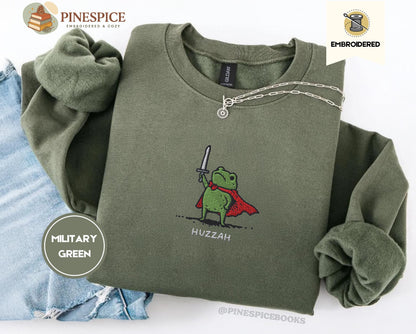 Huzzah Frog Sweatshirt, Embroidered Gildan 18000, Funny DnD Pullover, Renaissance Faire Frog Crewneck, Medieval Fantasy Gamer Gift