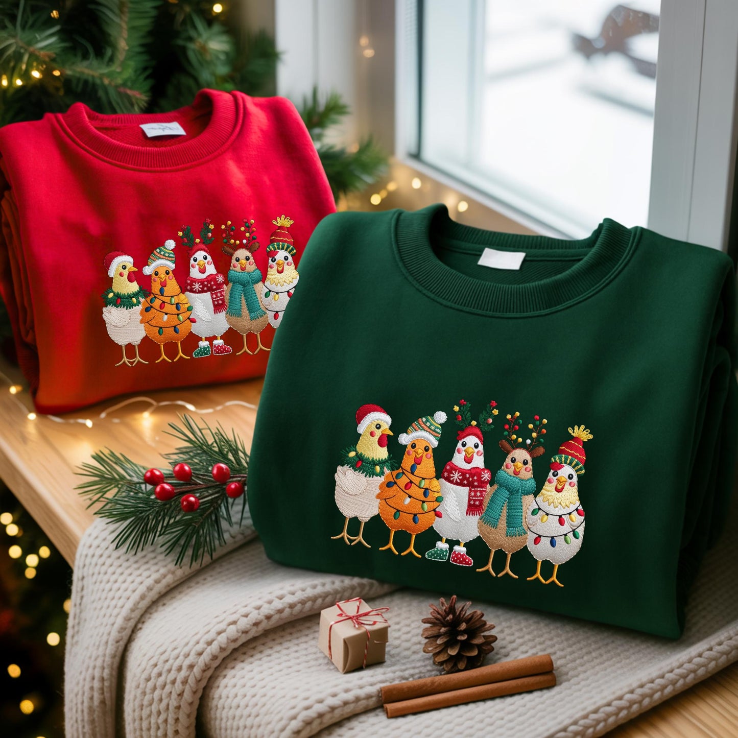 Embroidered Christmas Chickens Sweatshirt – Funny Holiday Farm Shirt