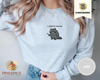 I require snacks sweatshirt, feral embroidered raccoon sweater, funny cozy gildan 18000, funny unhinged gift, embroidered animal sweatshirt