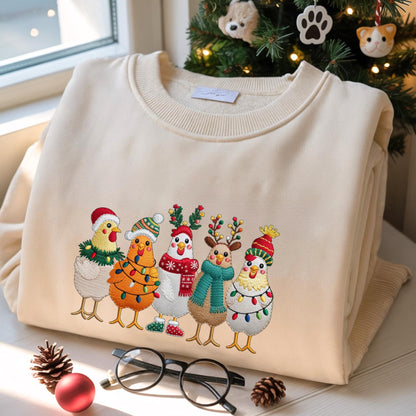 Embroidered Christmas Chickens Sweatshirt – Funny Holiday Farm Shirt