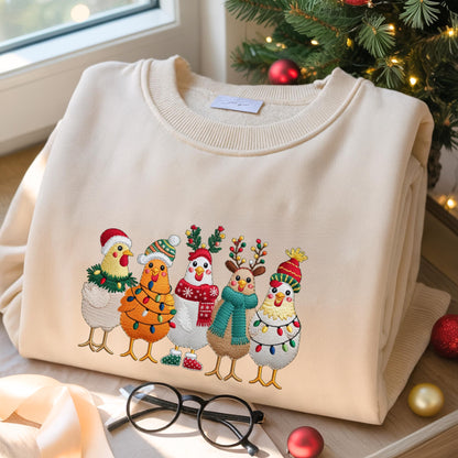 Embroidered Christmas Chickens Sweatshirt – Funny Holiday Farm Shirt
