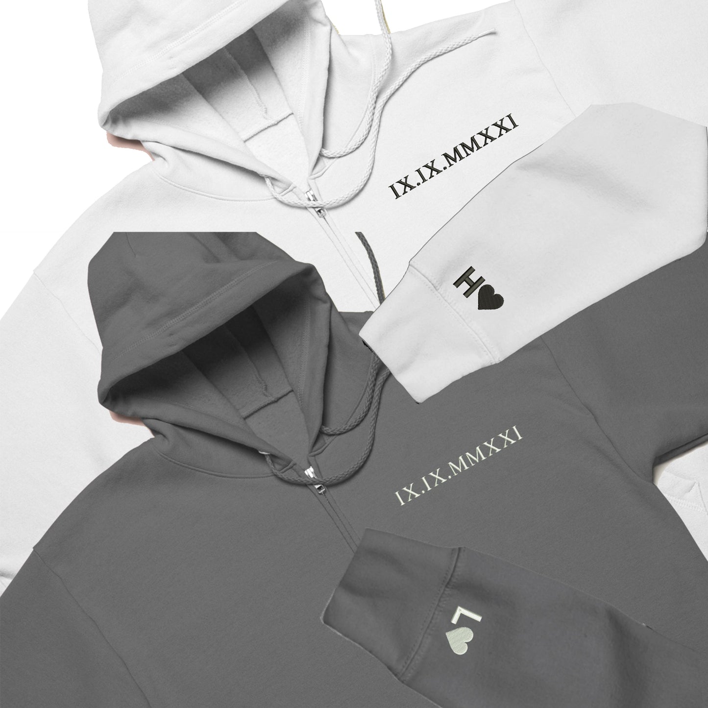 Custom Embroidered Roman Numeral Date + Initials on Sleeves Zip Hoodie, Personalised zip hoodie, Embroidered zip hoodie, Couples Hoodie