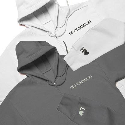 Custom Embroidered Roman Numeral Date + Initials on Sleeves Zip Hoodie, Personalised zip hoodie, Embroidered zip hoodie, Couples Hoodie