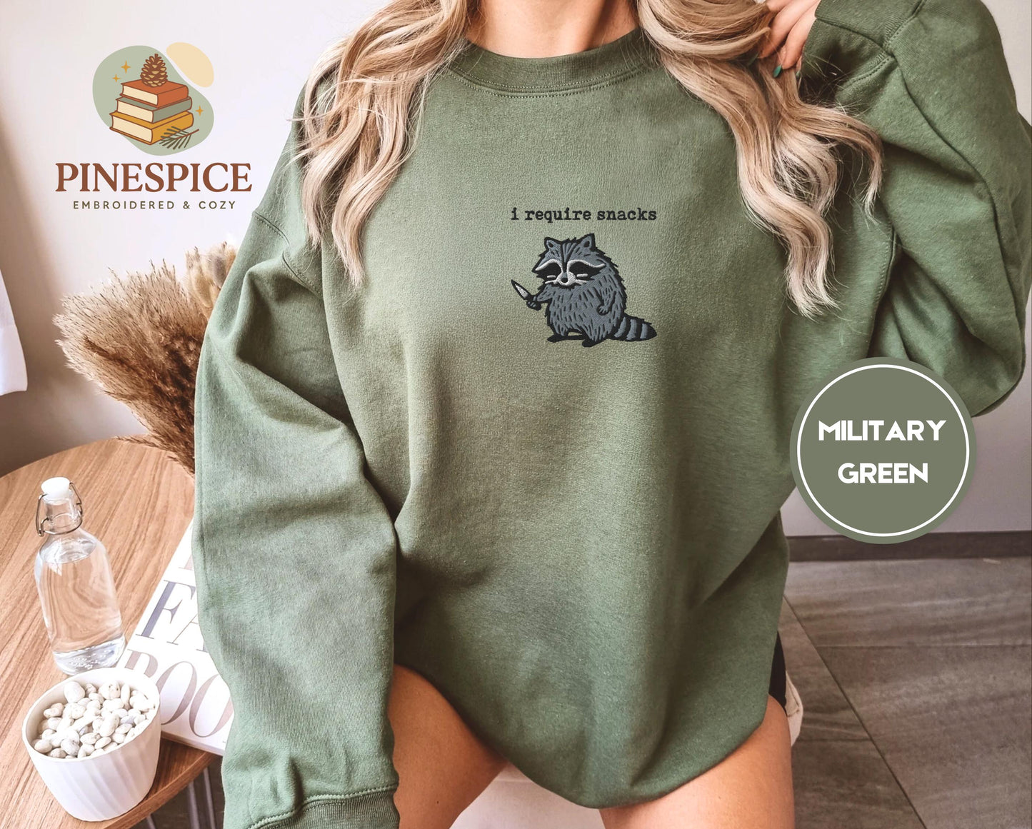I require snacks sweatshirt, feral embroidered raccoon sweater, funny cozy gildan 18000, funny unhinged gift, embroidered animal sweatshirt