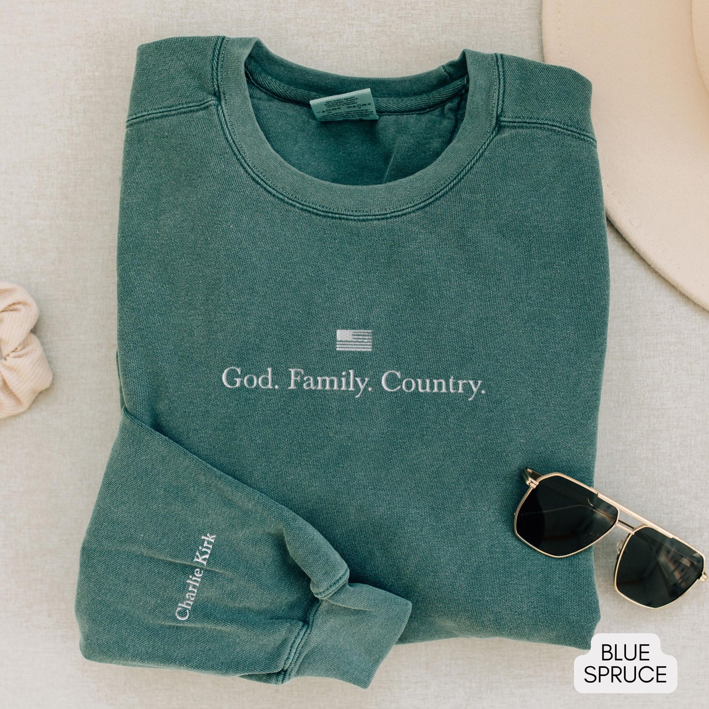 God. Family. Country. Embroidered Sweatshirt with Charlie Kirk Sleeve | vintage crewneck, american sweatshirt, christian sweatshirt