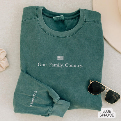 God. Family. Country. Embroidered Sweatshirt with Charlie Kirk Sleeve | vintage crewneck, american sweatshirt, christian sweatshirt
