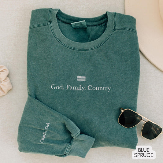 God. Family. Country. Embroidered Sweatshirt with Charlie Kirk Sleeve | vintage crewneck, american sweatshirt, christian sweatshirt