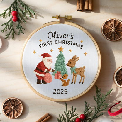 Baby's First Christmas Ornament, Personalised Baby's 1st Christmas Scene Decoration, Keepsake Christmas Bauble Gift Embroidered Ornament