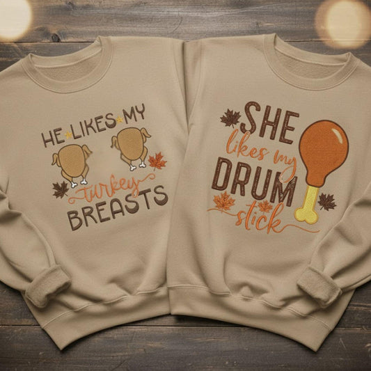 Matching Embroidered Thanksgiving Couple Sweatshirt Turkey Breast Drumstick Humor Fall Vibes Personalized His And Hers Sweatshirt Gift