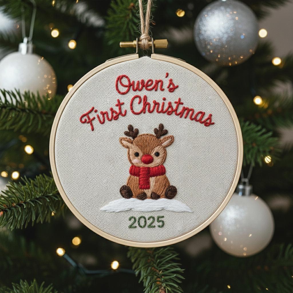 Custom Name Baby's First Christmas Hand Embroidered Ornament, Reindeer Holiday Decor, Personalized Unique Gift for Baby, 2025 Christmas Gift 2