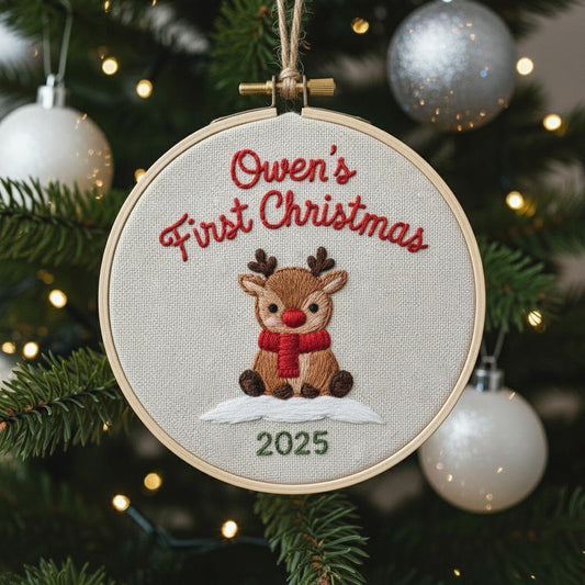 Custom Name Baby's First Christmas Hand Embroidered Ornament, Reindeer Holiday Decor, Personalized Unique Gift for Baby, 2025 Christmas Gift 2