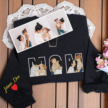 Custom Mom Shirt, Mom With Kids Portrait Custom Embroidered, Custom Portrait Sweatshirt, Memorial Shirt for Mom, Mom Picture Custom Shirt
