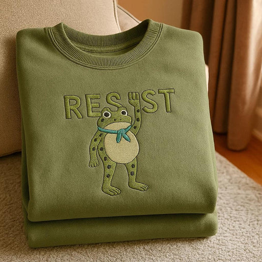 Embroidered Resist Frog Sweatshirt, Portland Frog Protest Shirt, Retro Green Crewneck, Statement Embroidery, Cozy Political Gift