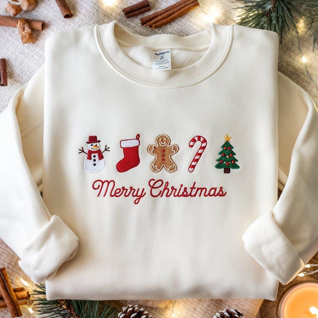 Embroidered Gingerbread Xmas Sweatshirt, Embroidered Snowman Sweatshirt, Embroidered Christmas Stock Sweatshirt, Candy Cane Shirt, Pine Tree
