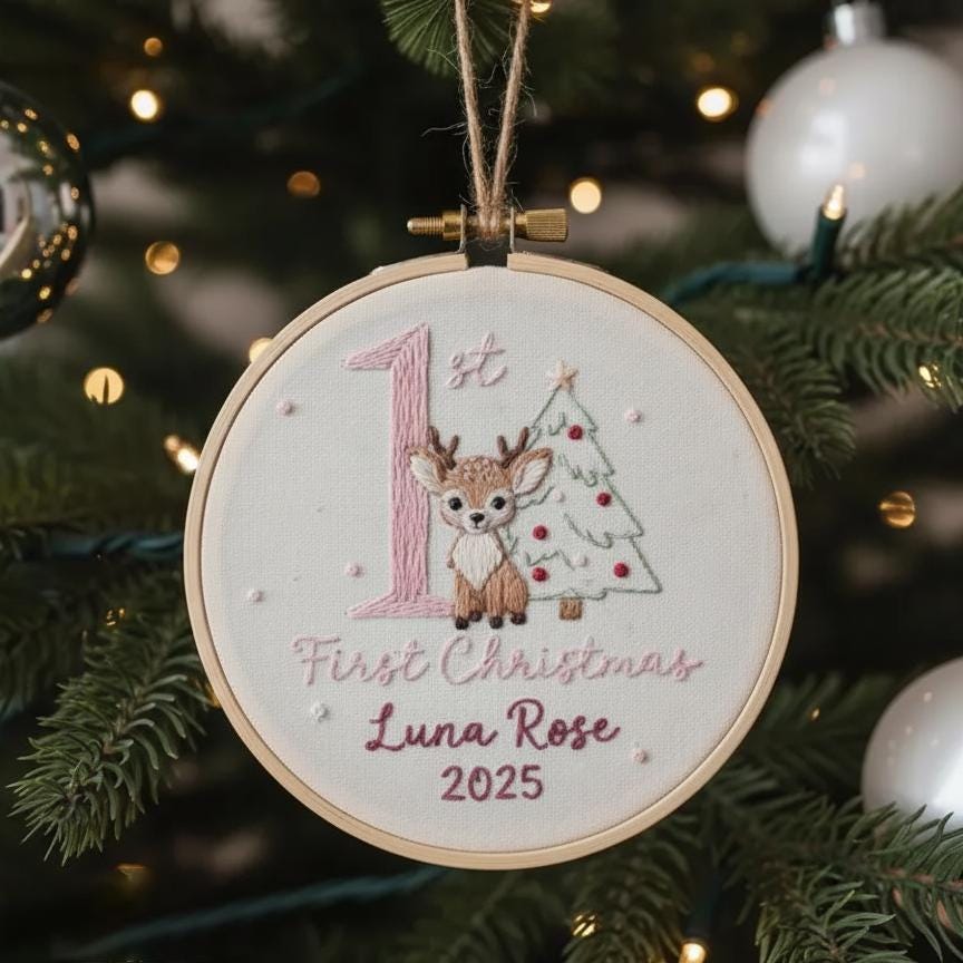 Custom Reindeer Baby's First Christmas Hand Embroidered Ornament, Personalized Unique Gift for New Baby, 2025 Christmas Gift, Holiday Decor 5