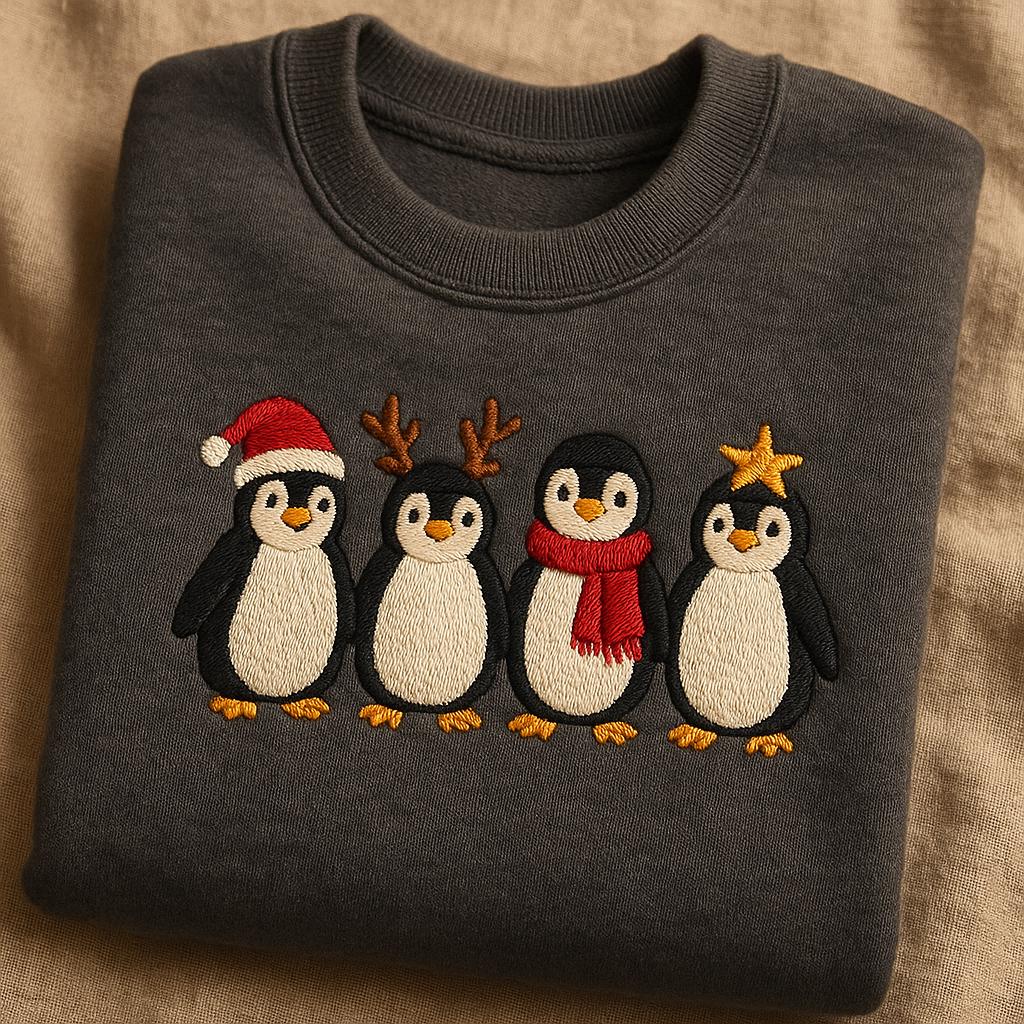 Embroidered Christmas Penguin Sweatshirt, Reindeer Penguin Hoodie, Festive Animal Crewneck, Penguin Lover Gift, Holiday Bird Tee
