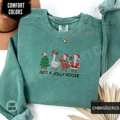 Embroidered Silly Goose Christmas Sweatshirt,Comfort Colors Just a Jolly Goose Gift Holiday Xmas Crewneck,Christmas Lights Santa Goose Shirt