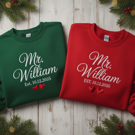 Embroidered Matching Couples Sweatshirt Personalized Hubby Wifey Initials Names His and Hers Gift Anniversary Custom Crewneck Sweatshirt