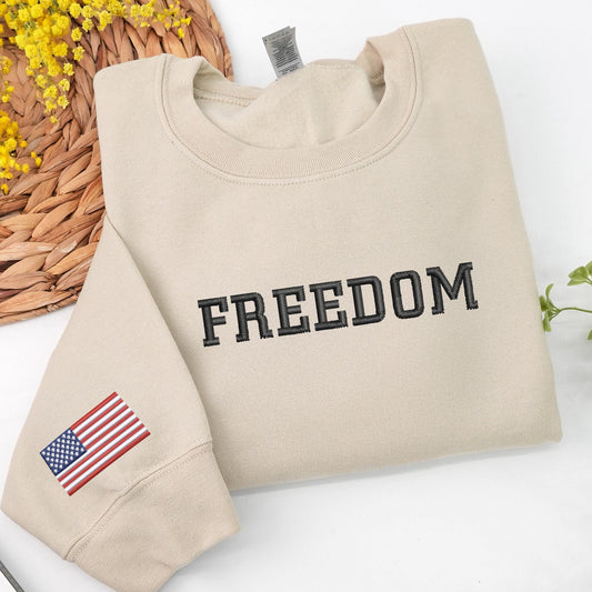 Freedom Charlie Kirk Embroidered Sweatshirt with USA Flag on SLeeve - Patriotic Sweatshirt - Justice for Charlie - America Womens Apparel