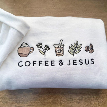Embroidered Coffee and Jesus Crewneck: Christian Cozy Pullover