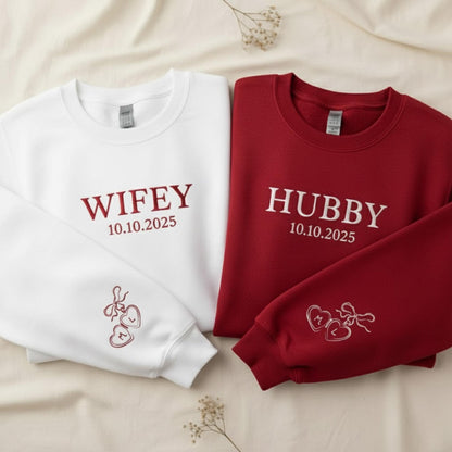 Custom Wifey Hubby Embroidered Sweatshirt Matching Couple Crewneck His And Her Sweatshirts Personalized Engagement Gift