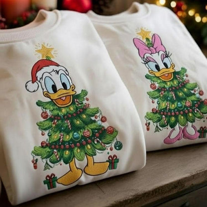 Donald & Daisy Christmas Tree Embroidered Sweatshirt, Disneyland Vacation Couple Tee, Retro Cartoon, Birhtday Gift For Her Him