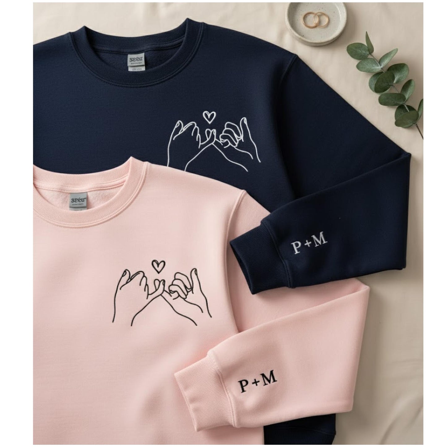 Custom Embroidered Couple Sweatshirt Personalized Initials on Sleeve Matching Anniversary Gift Valentines Day Outfit for Him Her