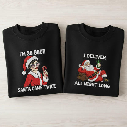 Funny I Deliver All Night Embroidered Sweatshirt Ugly Christmas Couple Matching Holiday Sweater Funny Couples Christmas Gift For Couples