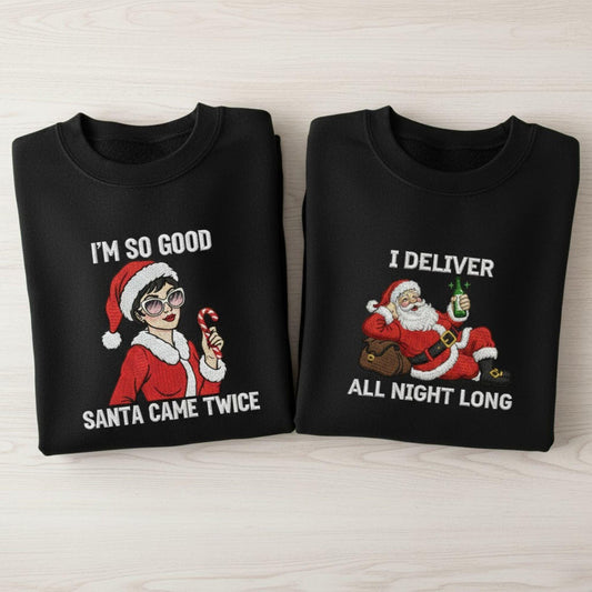 Funny I Deliver All Night Embroidered Sweatshirt Ugly Christmas Couple Matching Holiday Sweater Funny Couples Christmas Gift For Couples