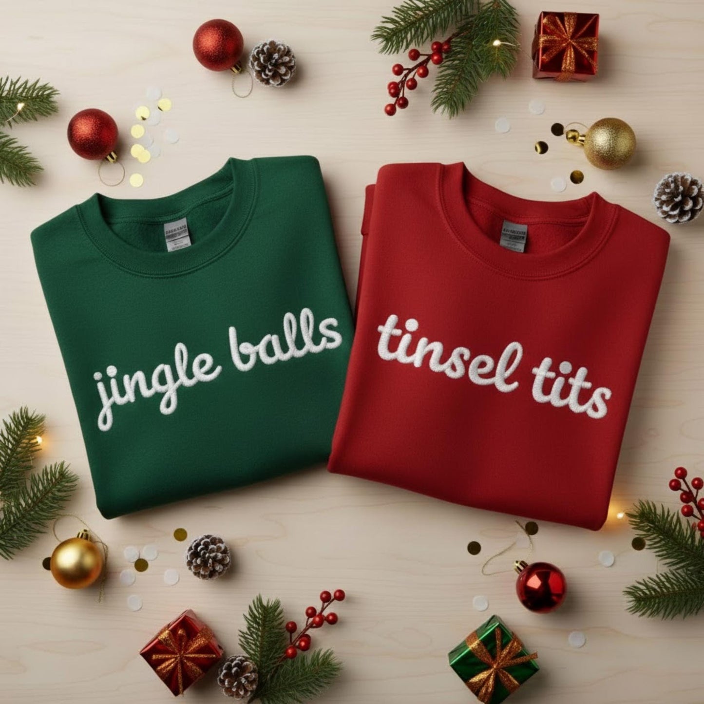 Holiday Embroidered Couple Sweatshirt Matching Christmas Sweatshirt Jingle Balls Tinsel Tits Funny Gift Yarn Embroidery Sweet Couple Gift