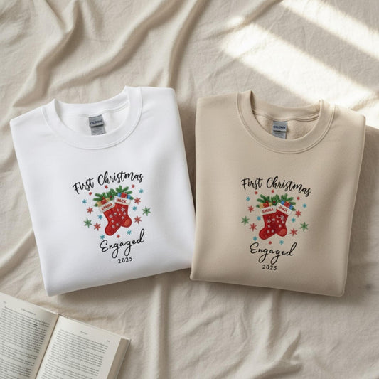 First Christmas Engaged Personalized Embroidered Sweatshirt Couple Engagement Gift Matching Christmas Outfit Newly Engaged Apparel