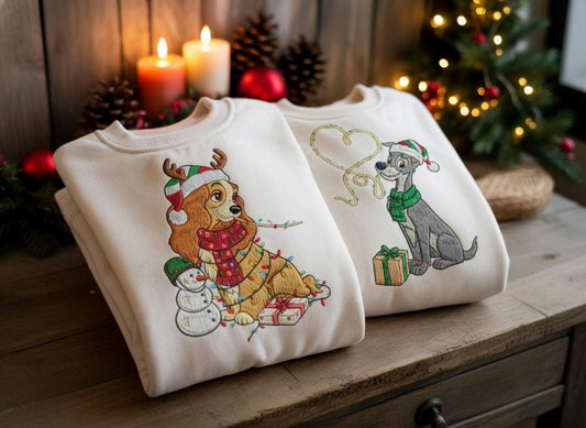 EMBROIDERED Lady and The Tramp Christmas Lights Sweatshirt, Disney Christmas Couple Sweatshirt, Disney Matching Holiday Sweater