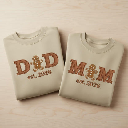 Matching Christmas Mom Dad Embroidered Sweatshirt Gingerbread Cookie Family Set Custom Est Date Pregnancy Reveal Mom To Be Dad To Be