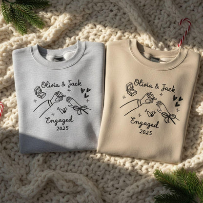 Personalized Engaged Couple Sweatshirt Custom Embroidery Names and Date Matching Outfit Engagement Gift Newly Engaged Winter Sweater