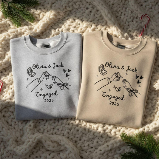 Personalized Engaged Couple Sweatshirt Custom Embroidery Names and Date Matching Outfit Engagement Gift Newly Engaged Winter Sweater