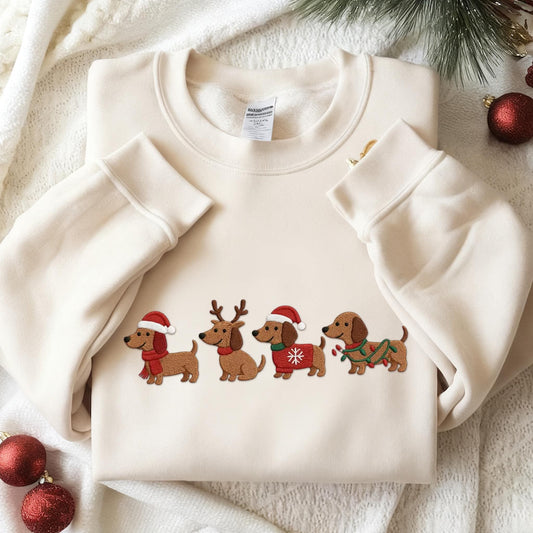 Embroidered Dachshund Christmas Sweatshirt, Wiener Dog Holiday Shirt, Dog Lover Gift ,Holiday Sweater, Cute Christmas Dog Shirt