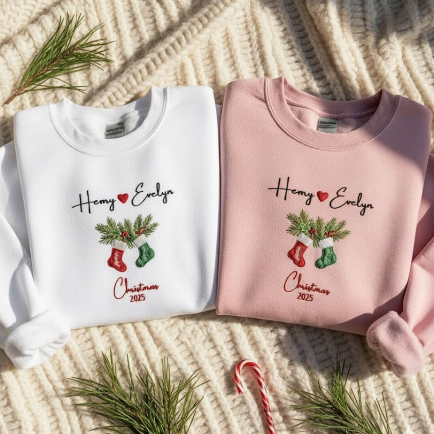 Personalized Couple Christmas 2025 Embroidered Sweatshirt Matching Holiday Outfit Custom Name Stocking Design Winter Gift for Him Her