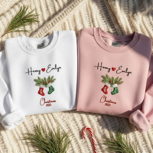 Personalized Couple Christmas 2025 Embroidered Sweatshirt Matching Holiday Outfit Custom Name Stocking Design Winter Gift for Him Her